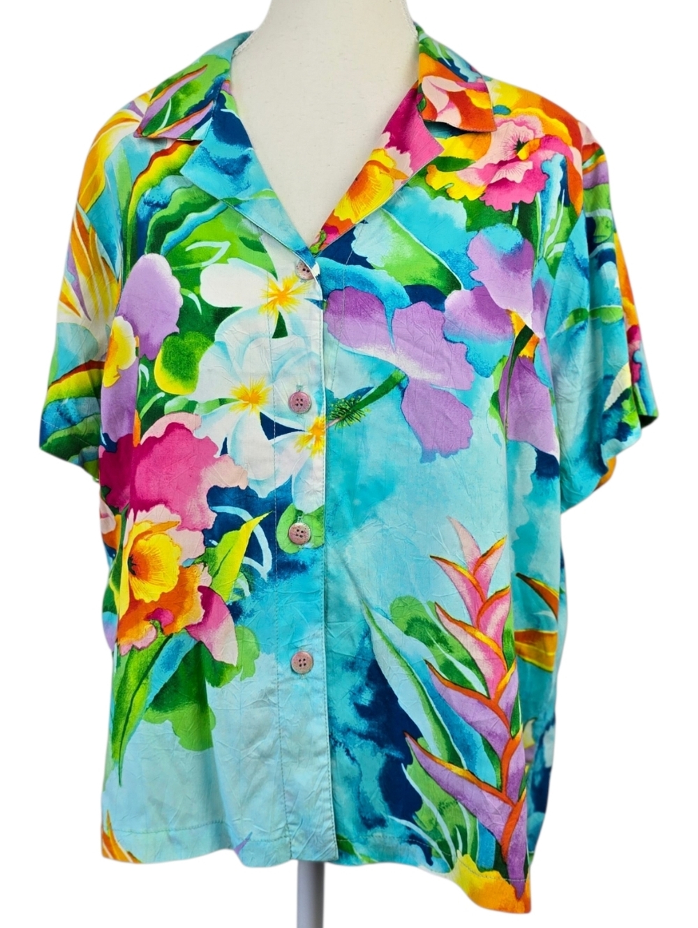 Jams World Hawaiian Shirt Women's Sz L Tropical Floral Button Down Short Sleeve
